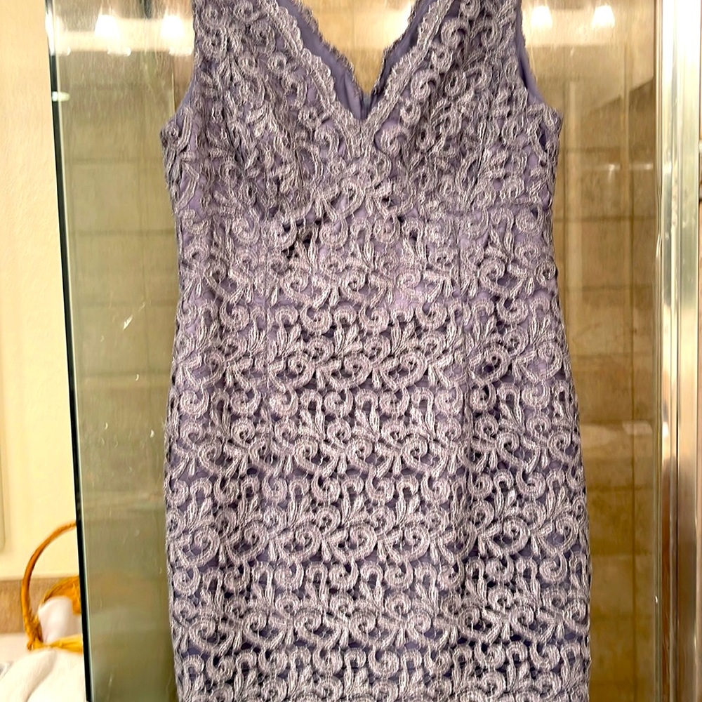 Adriana Papell Metallic Silver Lace Cocktail Dress | 10 P